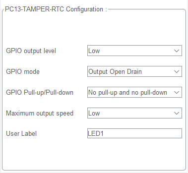 STM32F103C8 - UART idle interrupt circular DMA tutorial - GPIO Configuration: LED1