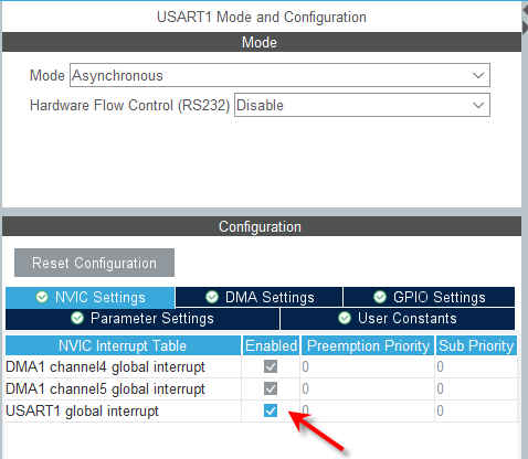 STM32F103C8 - UART idle interrupt circular DMA tutorial - CubeMX configuration of UART1 Interrupts